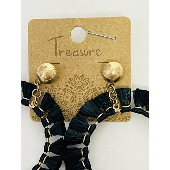 Treasure Black Earrings Hoop Goldtone Raffia Fan DFE0005 - Picture 2 of 6